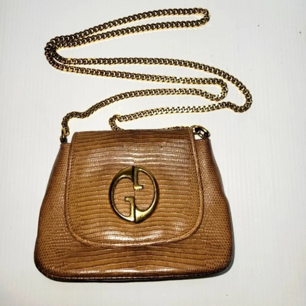 GUCCI GG vintage brown lizard small mini flap shoulder crossbody bag cha…